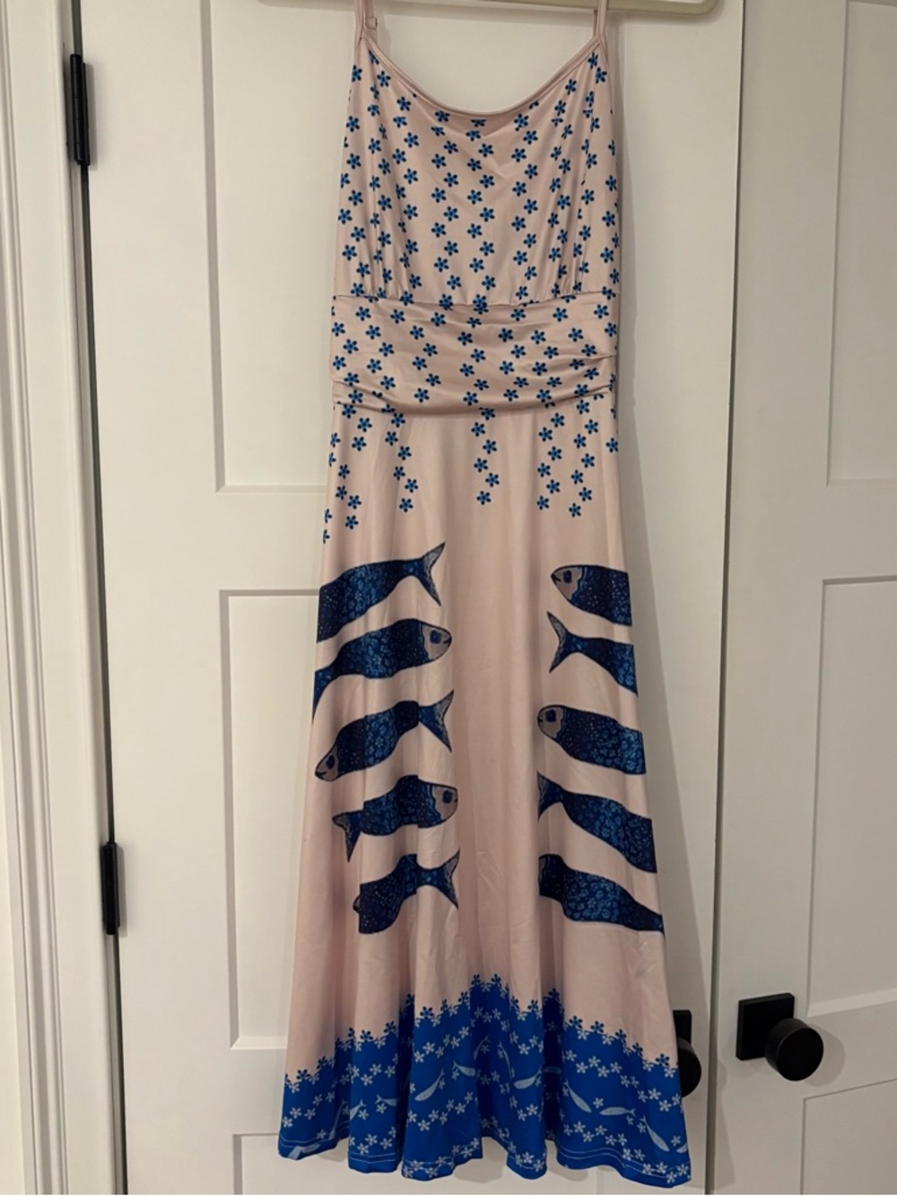 Champagne and Blue Striped Fish-Print Summer Dress *Never worn!* - Picture 3 of 4